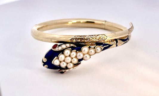 Why the 14K Cobalt Blue Enamel Snake Bracelet with Pearls Is a Captivating Heirloom