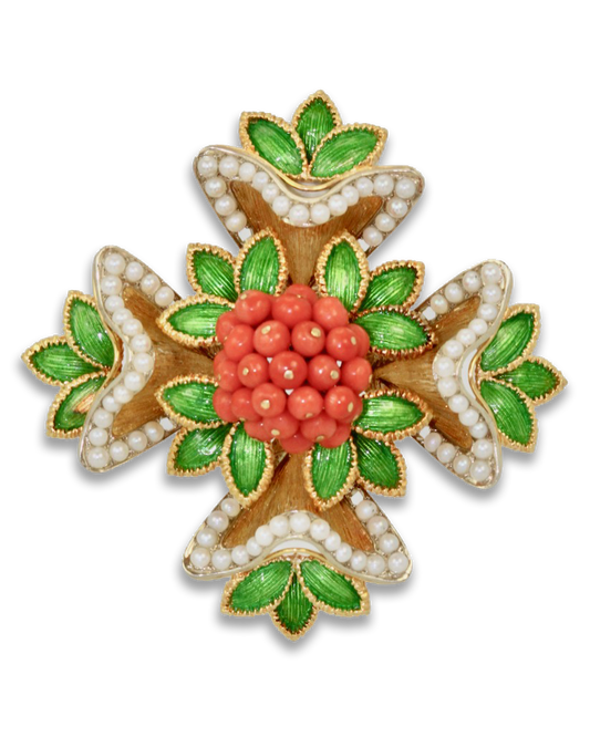 French Enamel, Pearl, Coral, Maltese Cross Flower Brooch Pendant