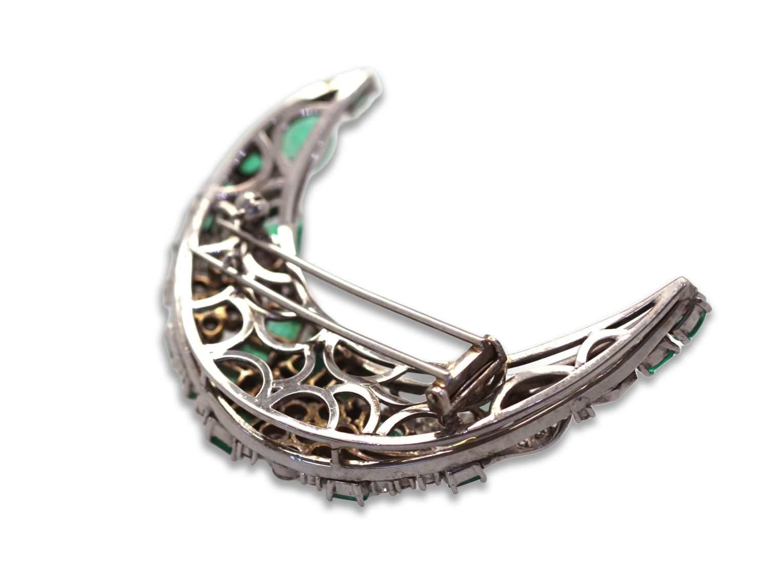 Emerald Diamond Crescent Brooch