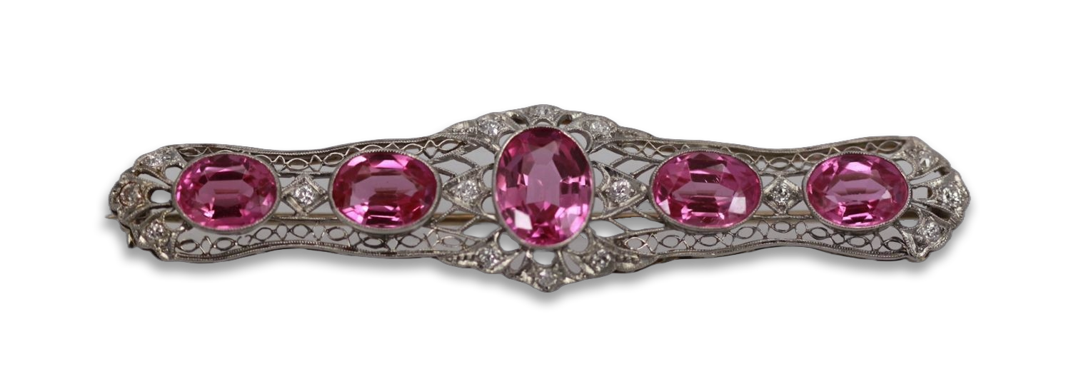 Pink Sapphire And Platinum Deco Brooch With Diamonds