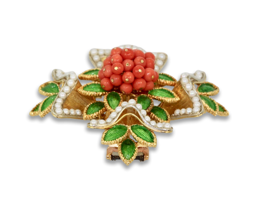 French Enamel, Pearl, Coral, Maltese Cross Flower Brooch Pendant