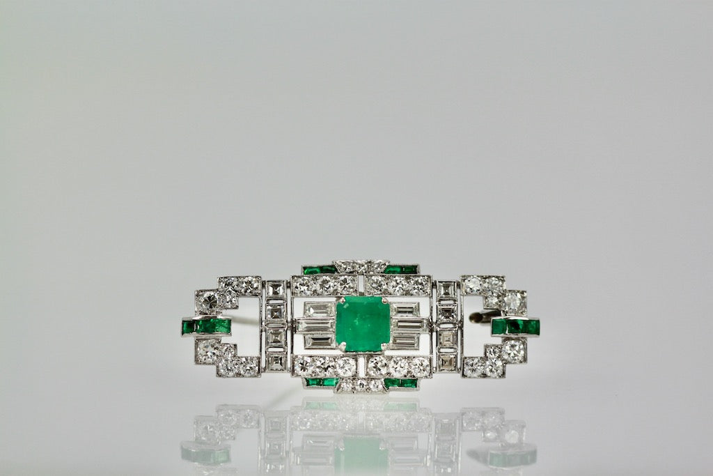 Deco Platinum Emerald Diamond Brooch