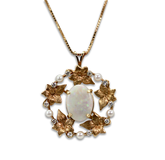 Opal Laurel Leaf Brooch Pendant 14K