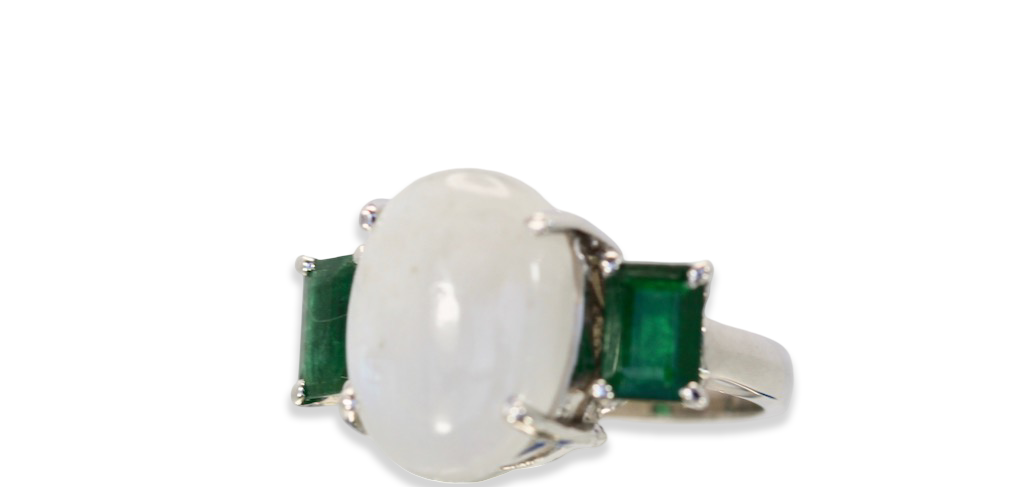 Moonstone 3 stone Ring with Emeralds