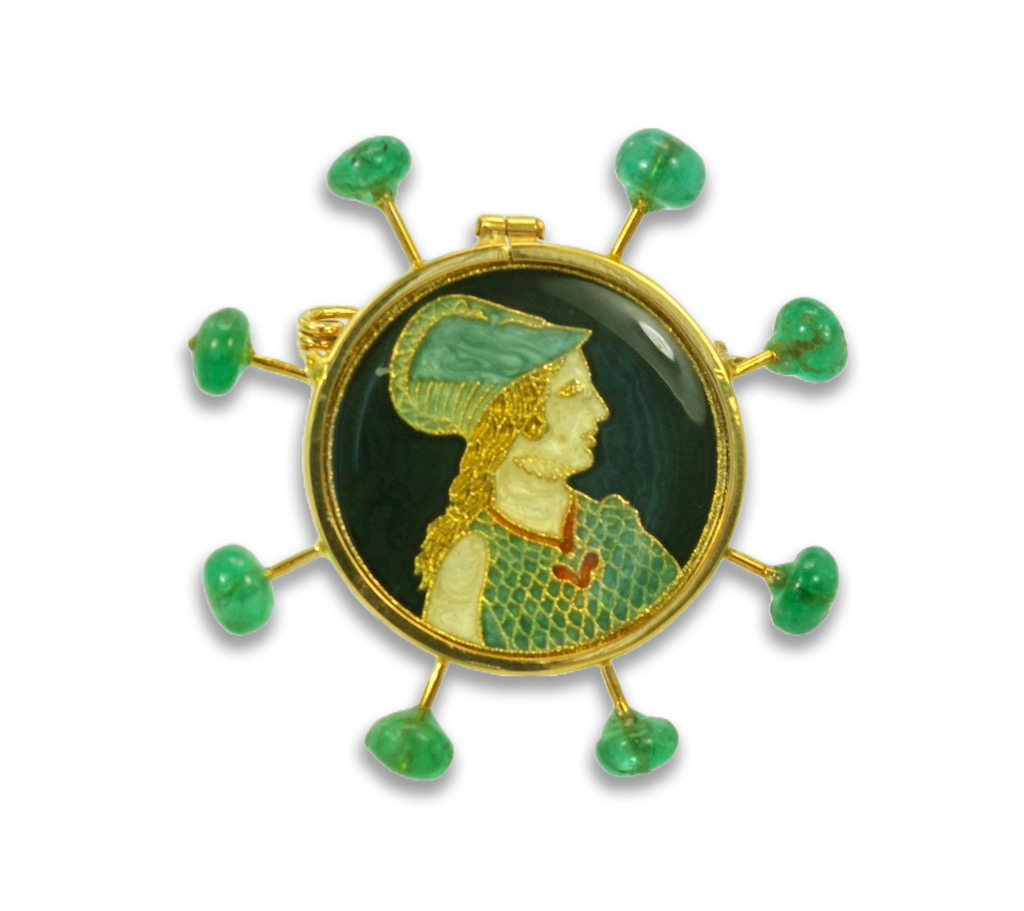 Renaissance Brooch with Emerald accents in 18K Yellow Gold