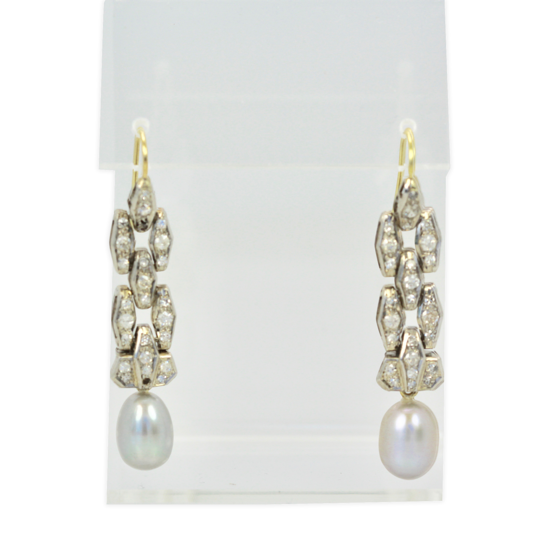 Deco Diamond Pearl Drop Earrings Platinum and 14K