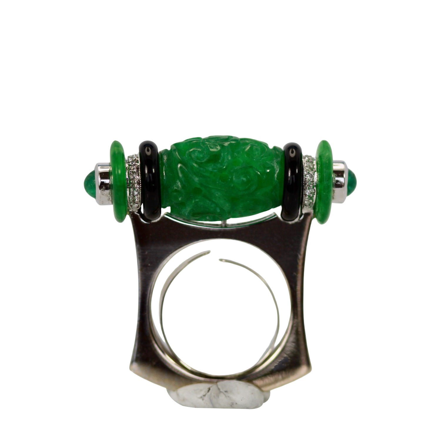 Carved Jade Onyx Cabochon Emerald Ring