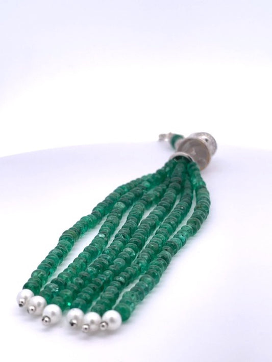 Emerald and Diamond tassel pendant with pearl
