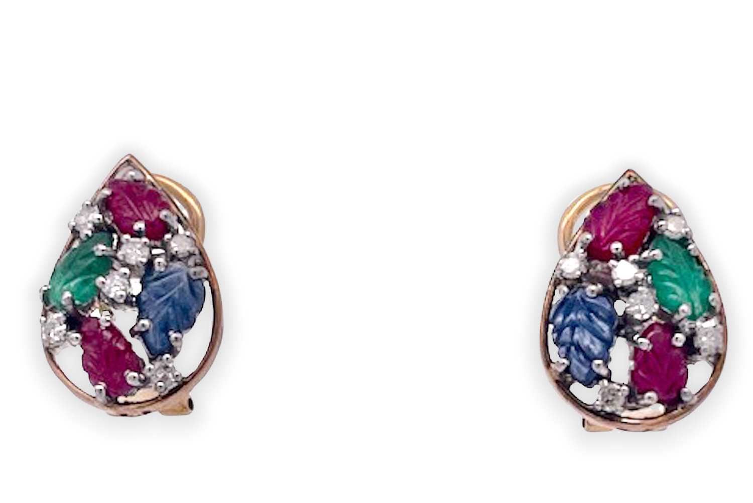 Colorful carved gemstone set with diamonds
