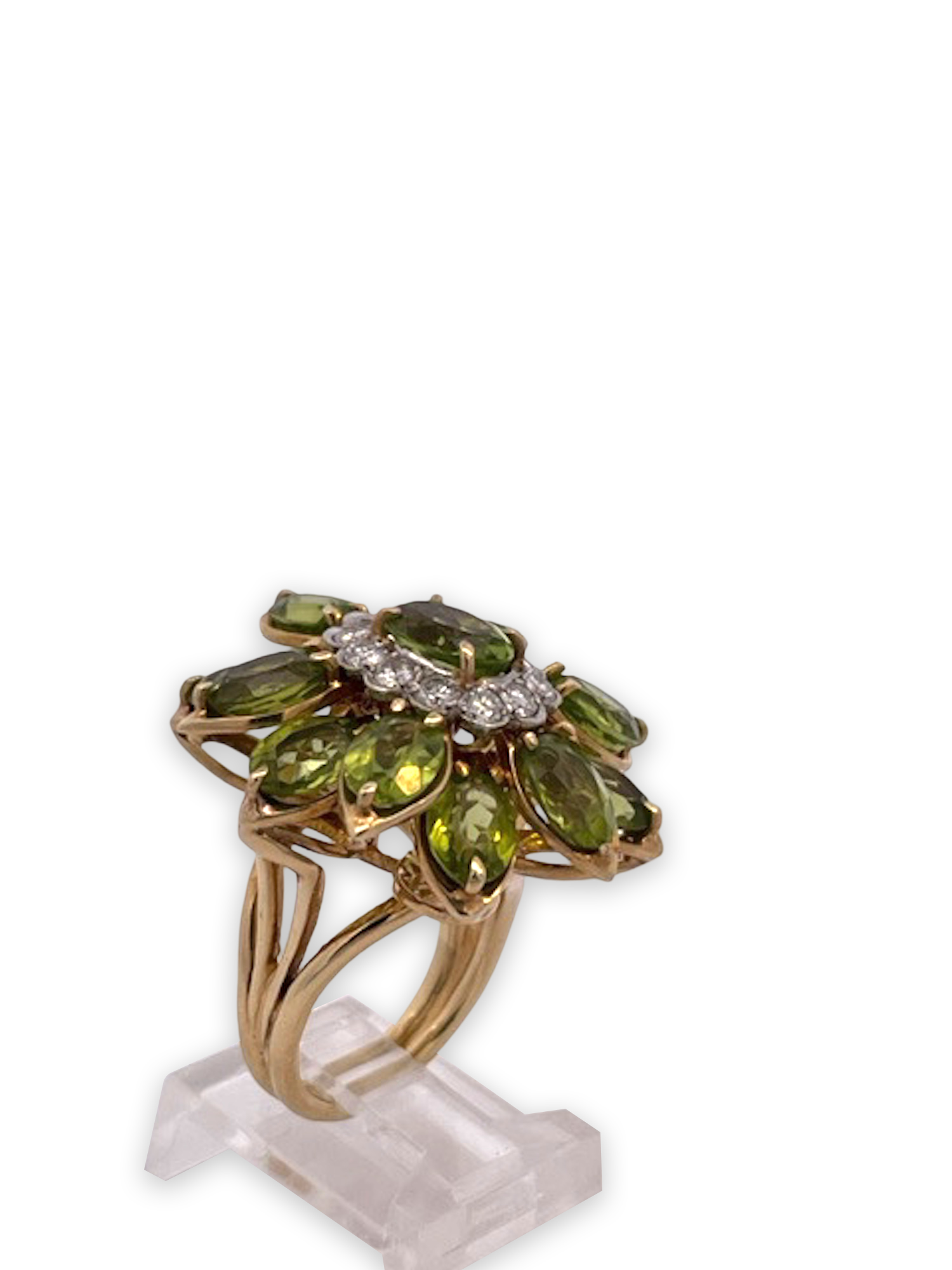 Large 14K gold Peridot and Diamond cocktail ring