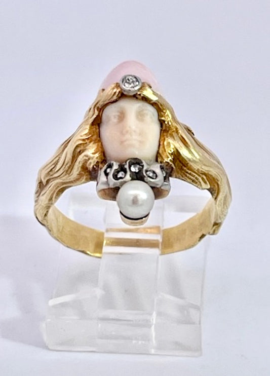 Art Nouveau Coral Lady Head Ring with Diamonds