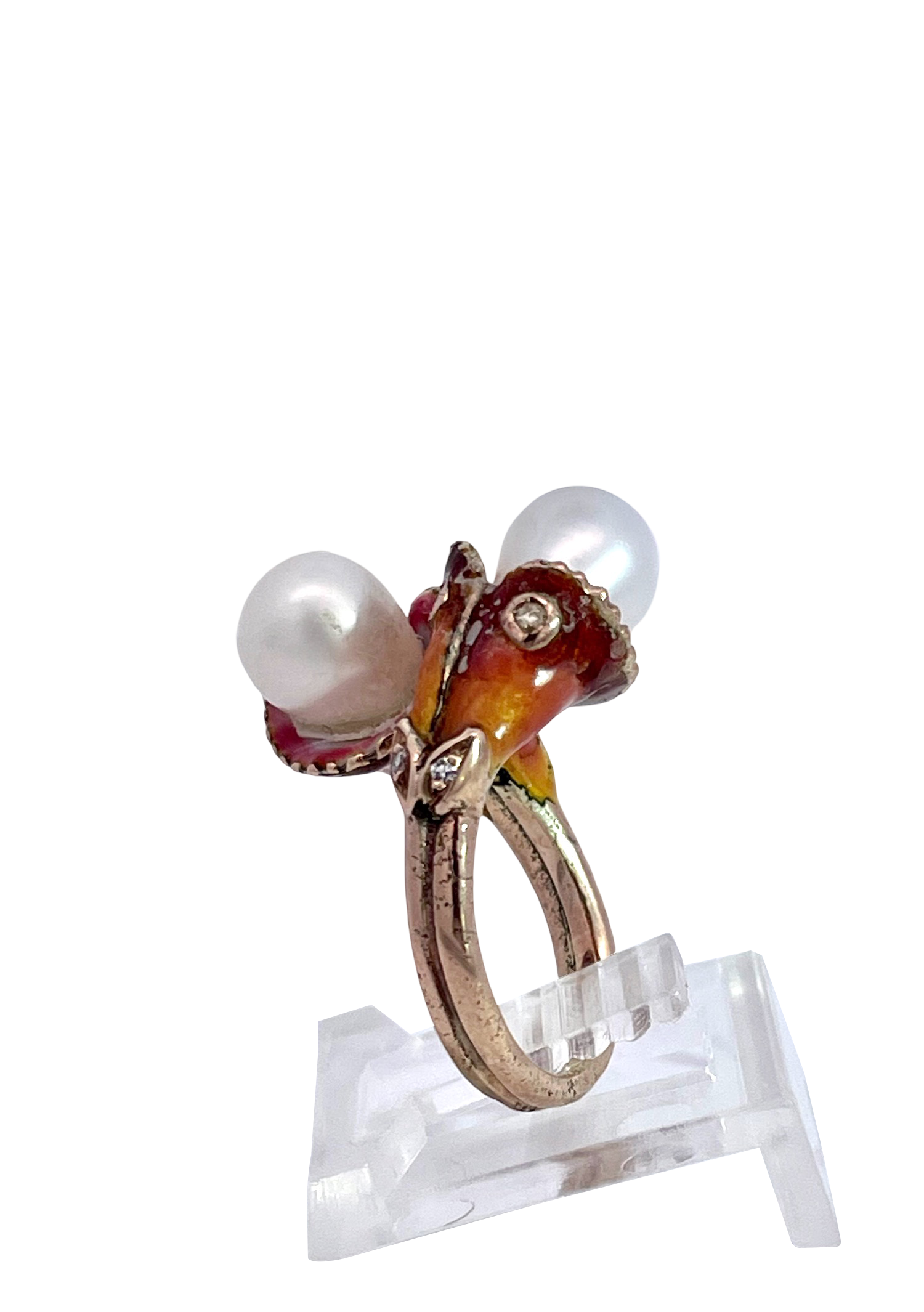 Pearl and Diamond Enamel Ring 14K