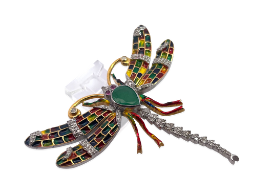 Colorful Enamel Dragonfly Brooch with Diamonds, Emerald, and Rubies