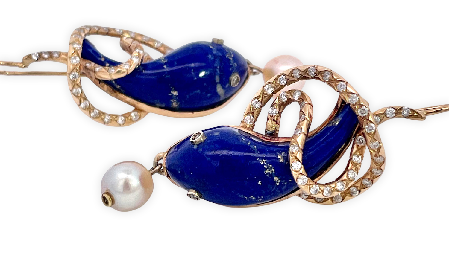 9K Gold Snake Earrings with Lapis and Pearls