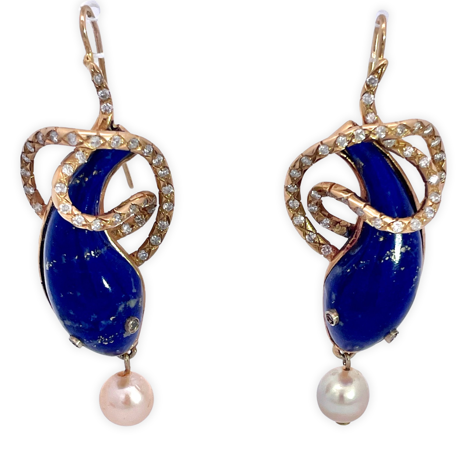 Snake Earrings with Pearl Drops and Diamonds