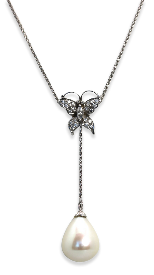Diamond Butterfly Drop Pearl Necklace