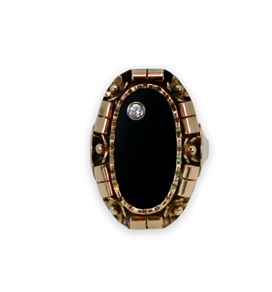 Black Onyx Ring with Diamond 14K Rose Gold
