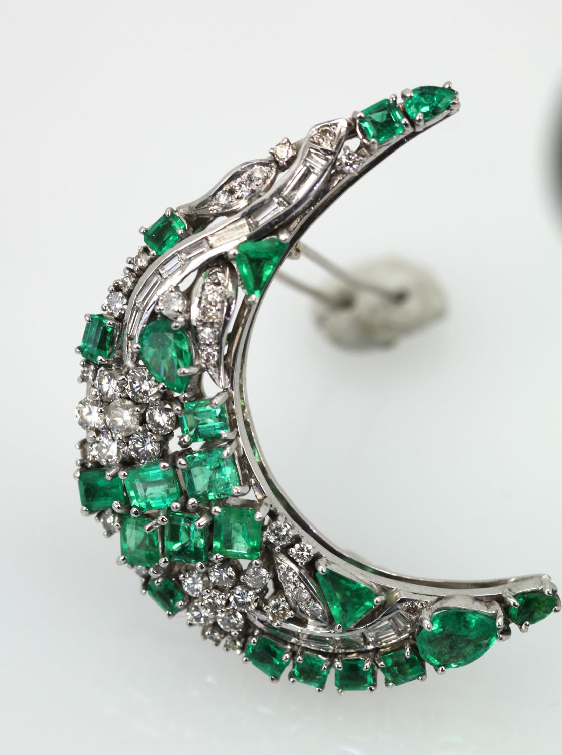 Emerald Diamond Crescent Brooch