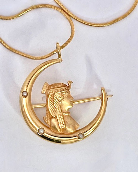 Egyptian Revival Pharoah on Crescent Moon 14K