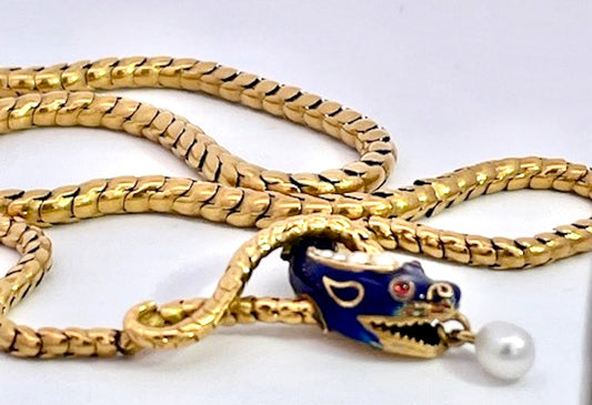 Snake Necklace 15K Yellow Gold Cobalt Blue Enamel 17"