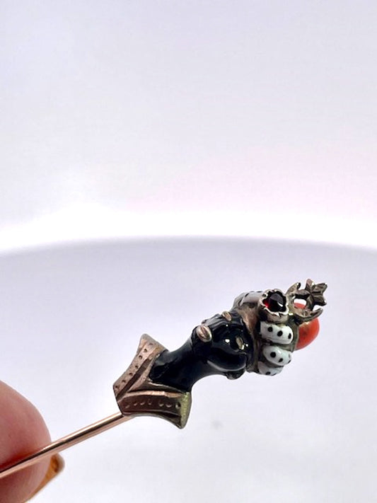 Moretto Stickpin with Coral Head and Ruby Cabochon 9K