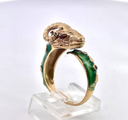 Enamel Ram Ring with Rubies 14 & 18K Yellow Gold