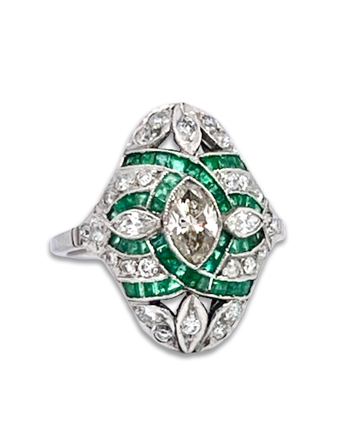 Deco Emerald Diamond Shuttle Ring 18K