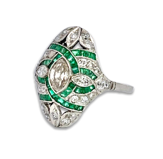 Deco Emerald Diamond Shuttle Ring 18K