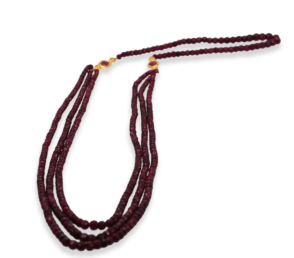 Triple Strand Ruby Bead Necklace With Diamonds