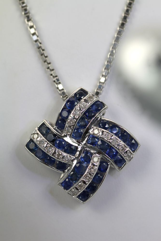 Deco Style 14K Diamond & Sapphire Geometric Necklace