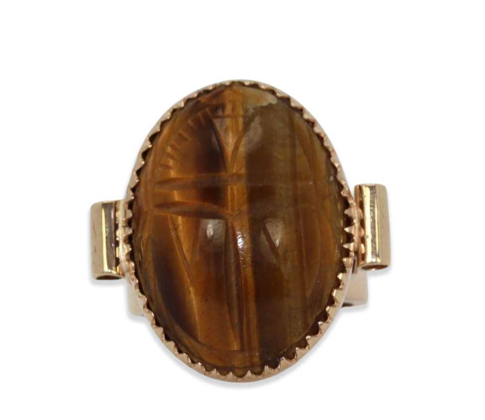 Vintage 18K Golden Tiger's Eye Scarab Ring With Side Tubes