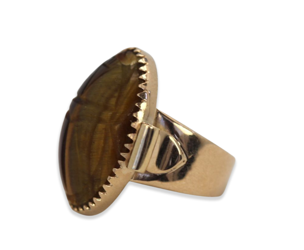 Vintage 18K Golden Tiger's Eye Scarab Ring With Side Tubes