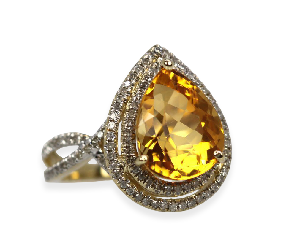Citrine Pear Ring With Double Diamond Surround