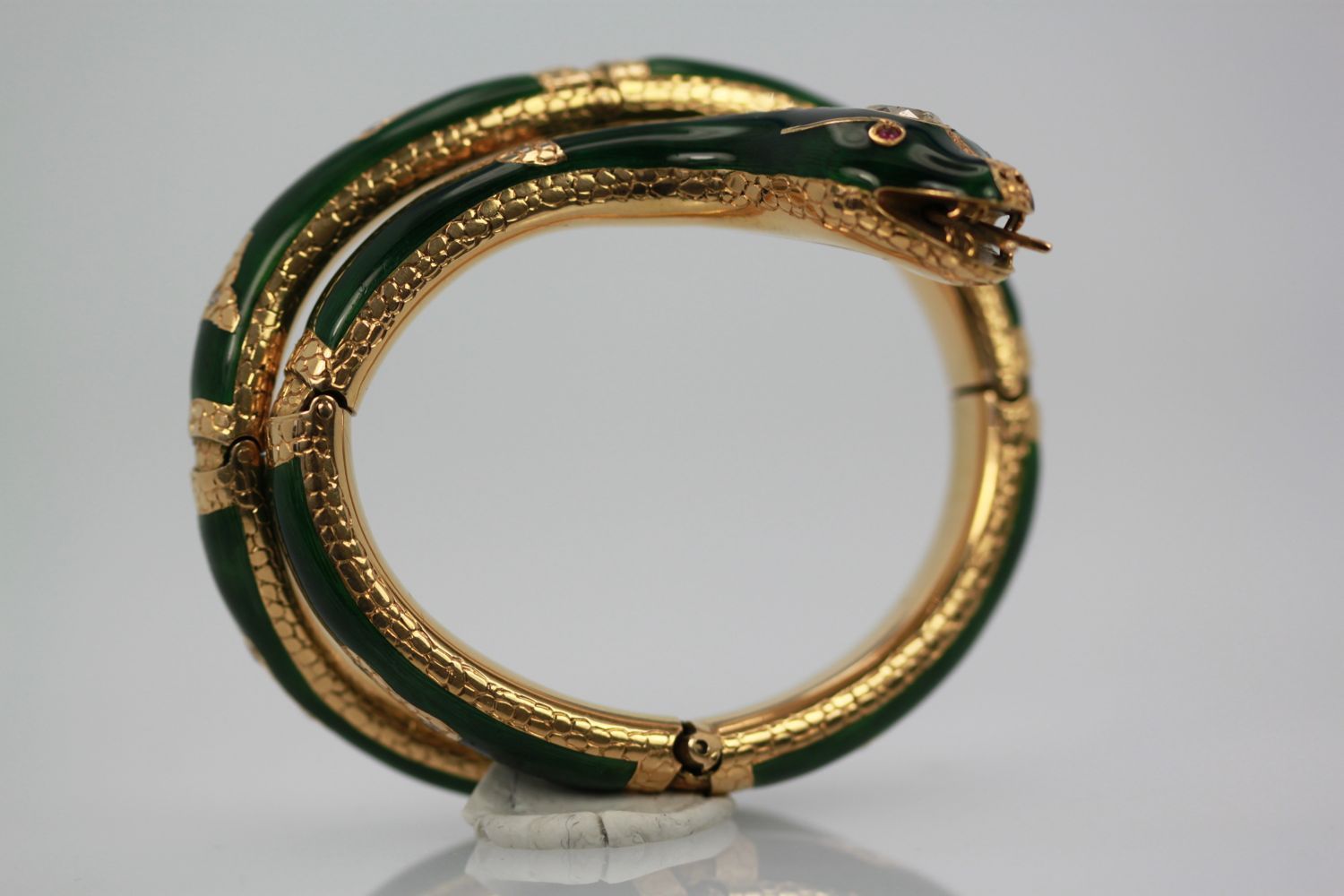 Enamel Snake Bangle Bracelet With Yellow Gold & Diamonds