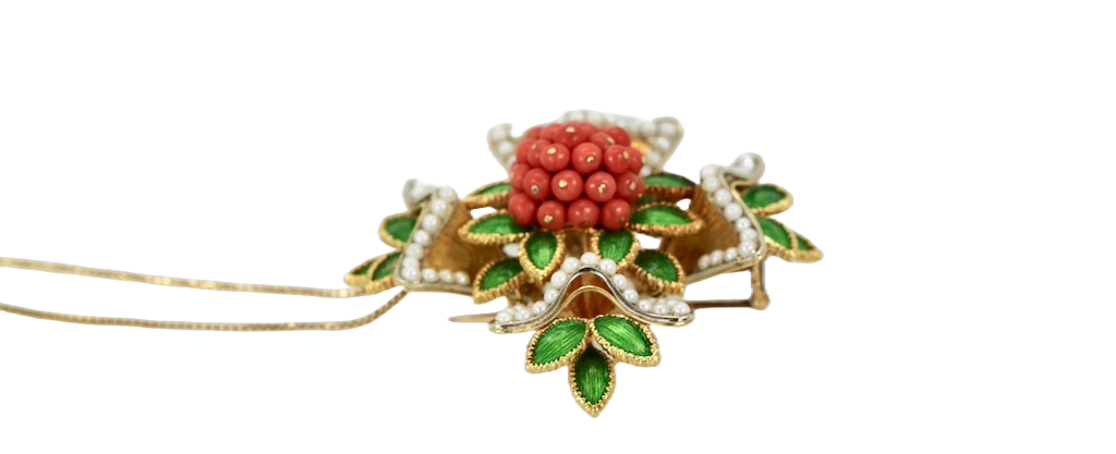French Enamel, Pearl, Coral, Maltese Cross Flower Brooch Pendant