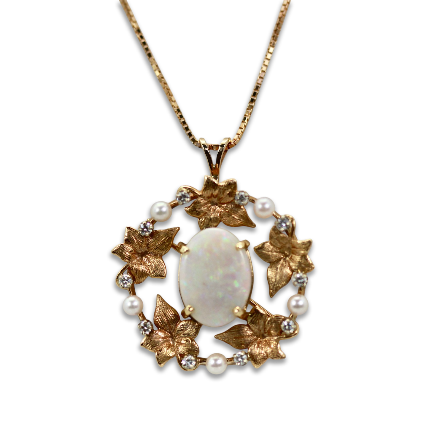 Opal Laurel Leaf Brooch Pendant 14K