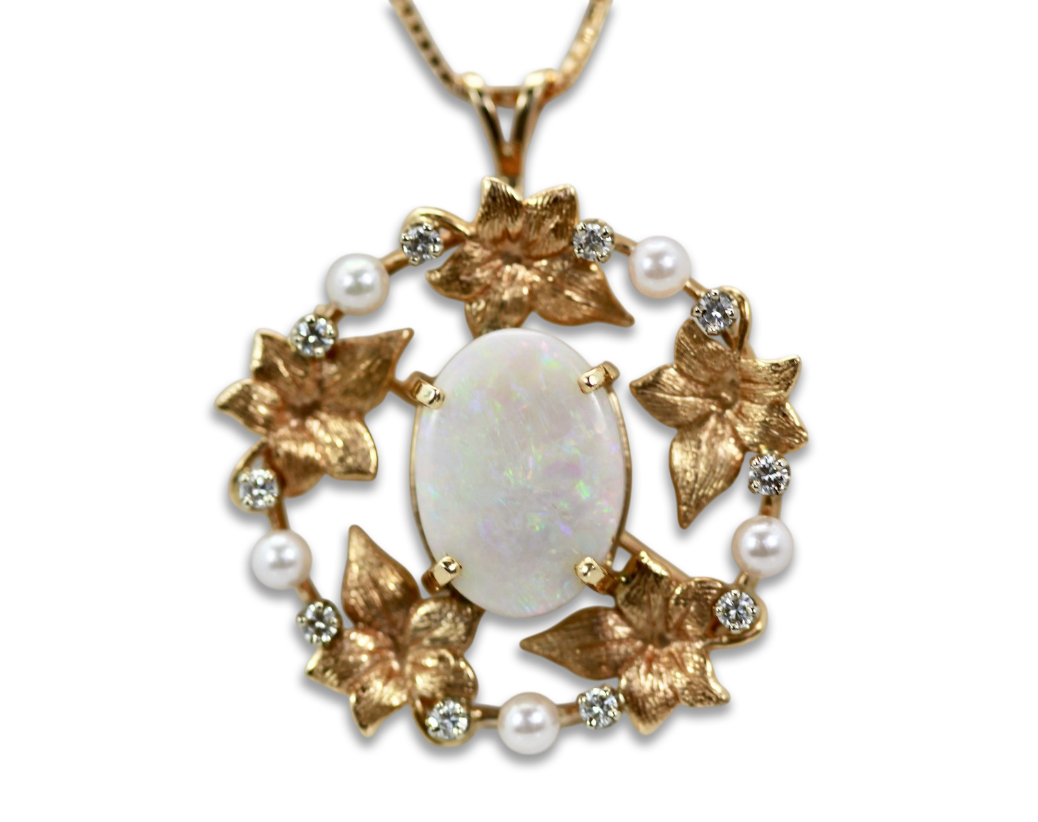 Opal Laurel Leaf Brooch Pendant 14K