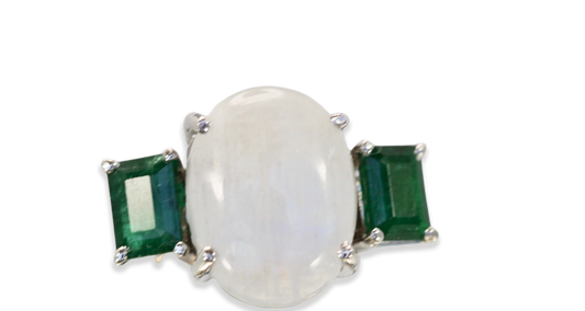 Moonstone 3 stone Ring with Emeralds