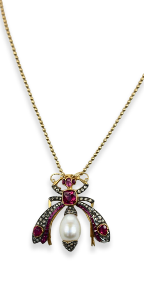 Antique Ruby Pearl Diamond Insect Brooch Pendant 18k