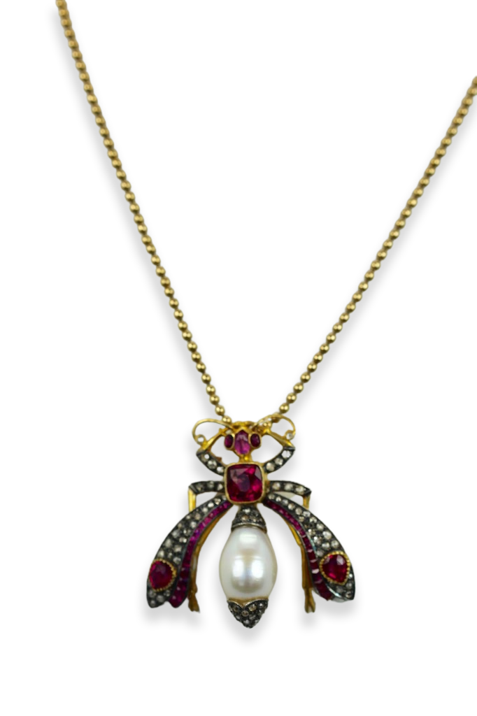 Antique Ruby Pearl Diamond Insect Brooch Pendant 18k