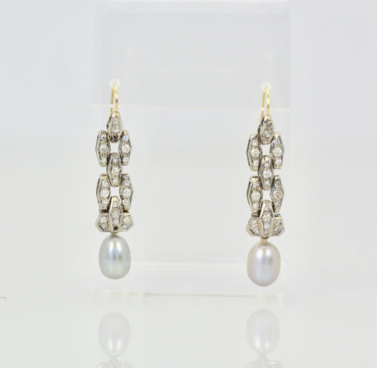 Deco Diamond Pearl Drop Earrings Platinum and 14K