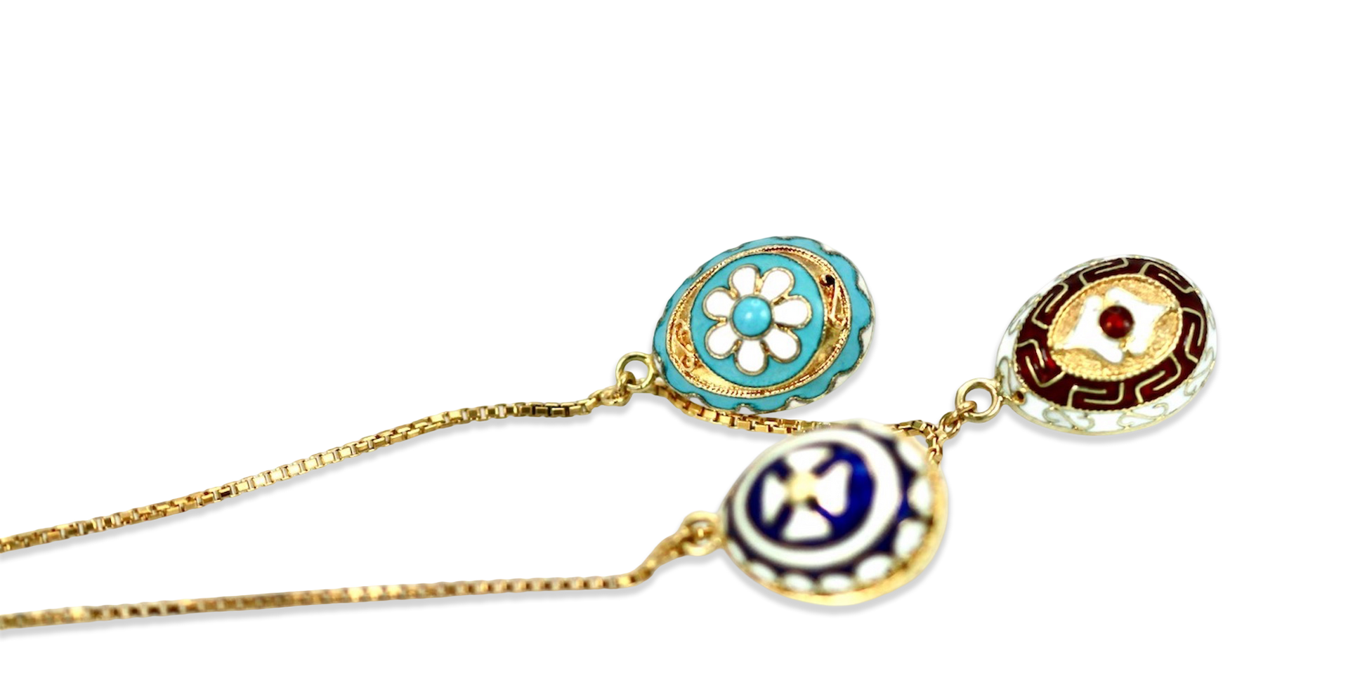 Gold Chain with Three Colorful Enamel Eggs