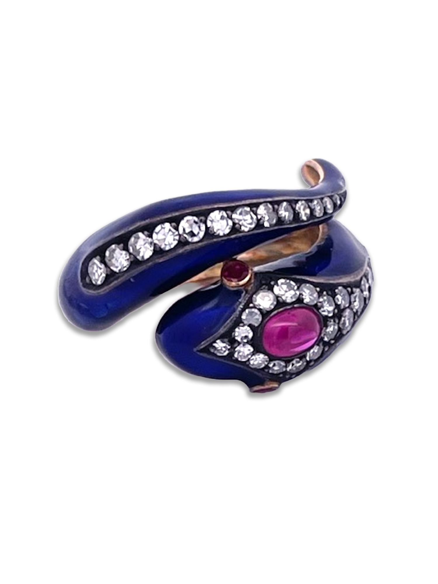 Cobalt enamel snake ring, ruby and diamond set