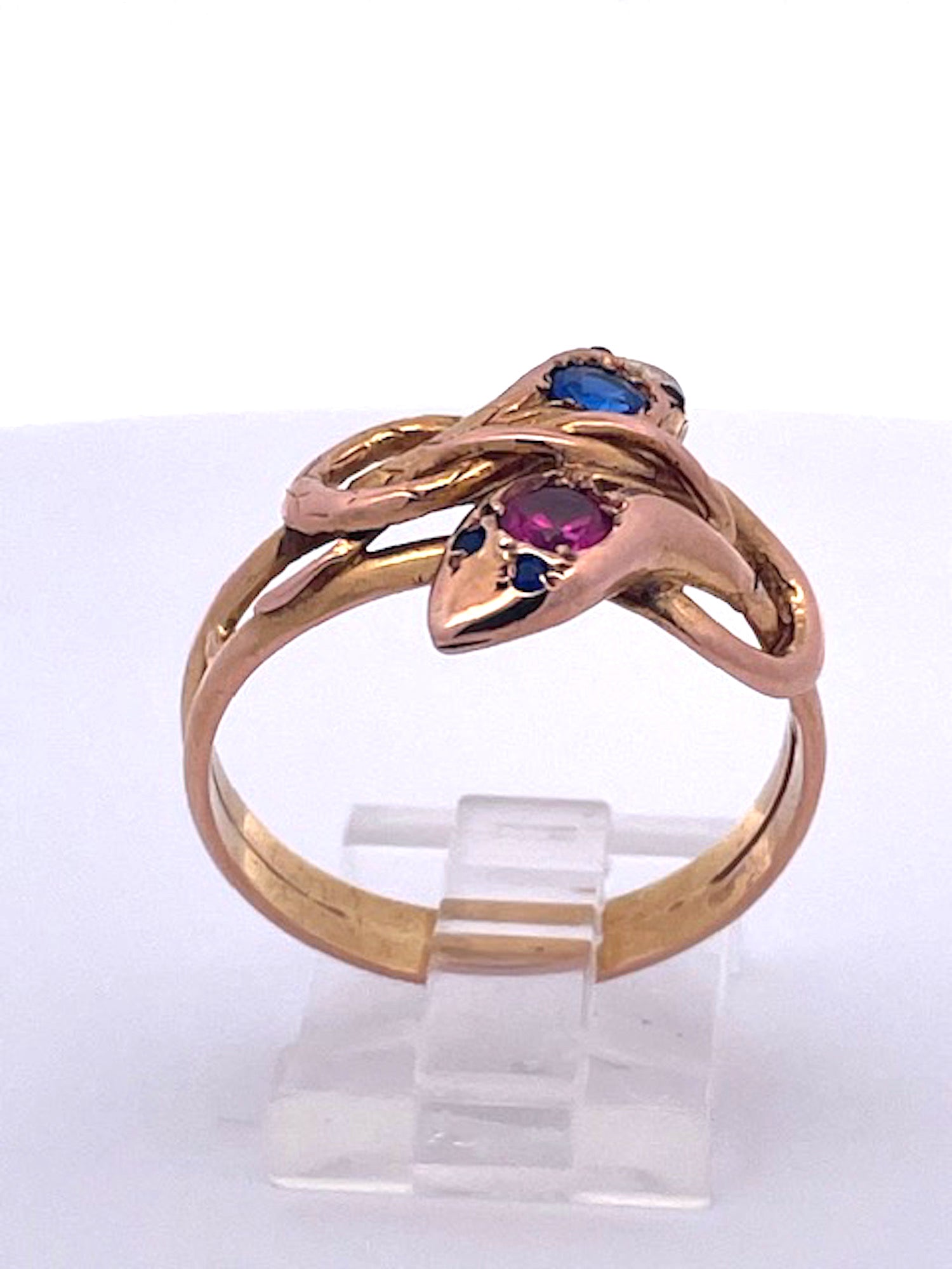 Unique snake ring with twin gemstone heads