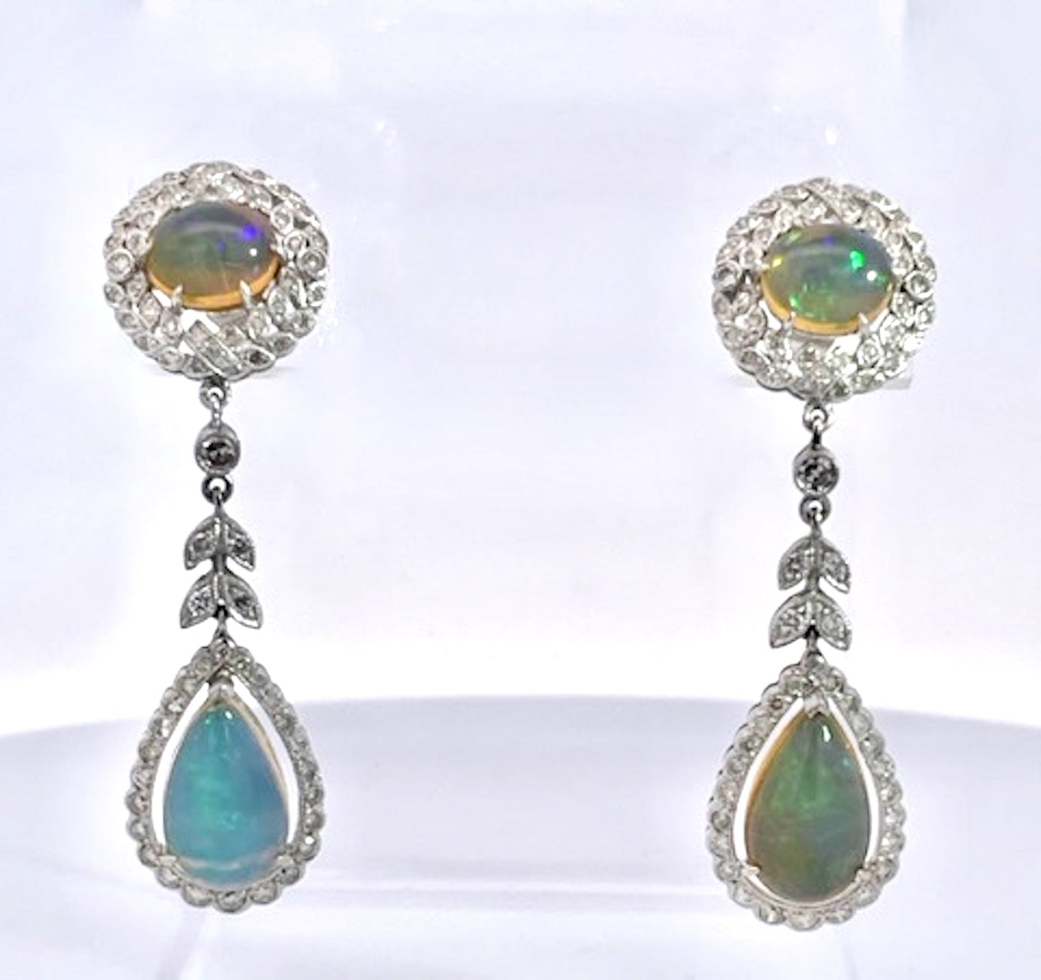 Color-shifting Opal drop earrings with diamonds
