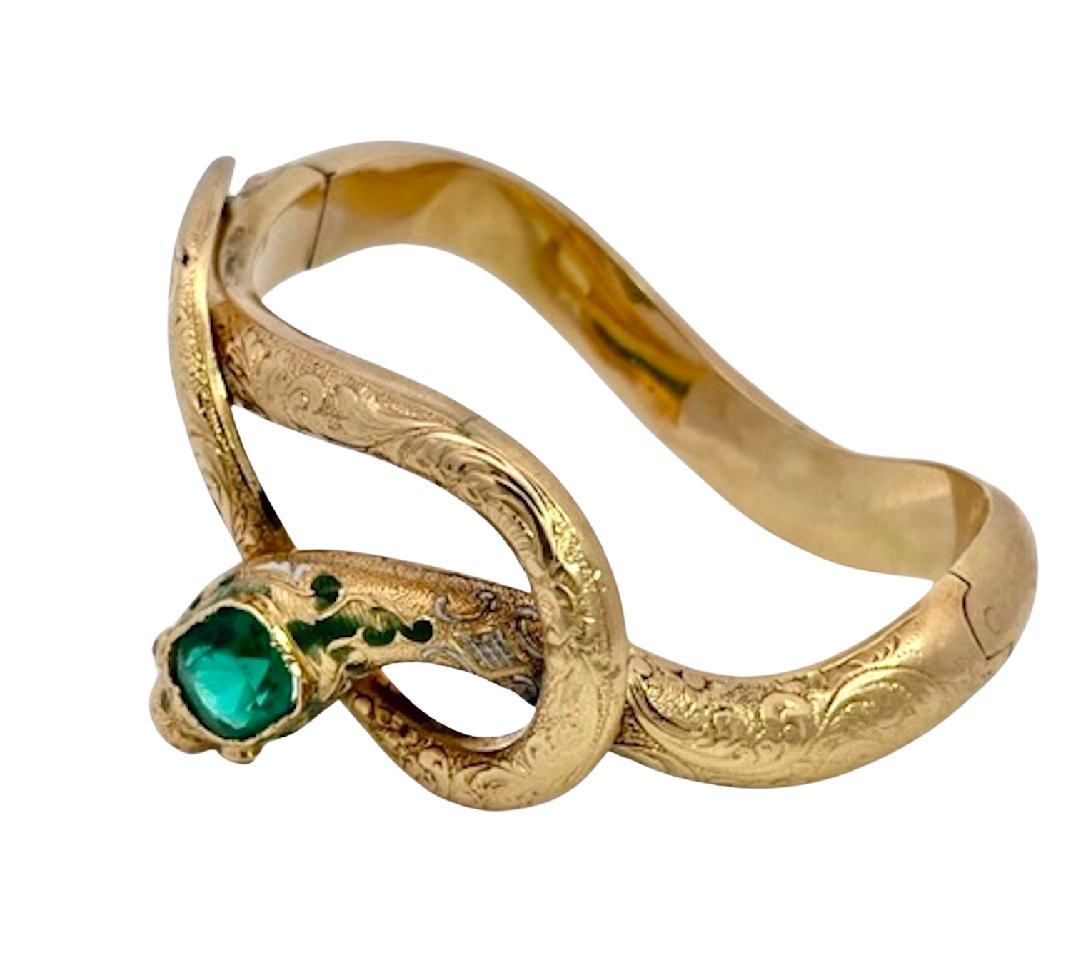 Chased snake bracelet with emerald