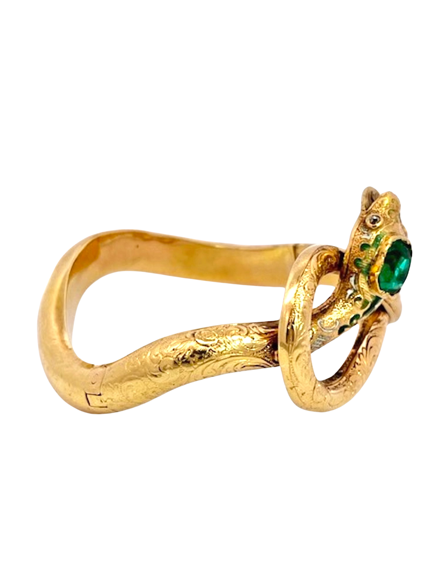 Emerald head snake bangle, 14K