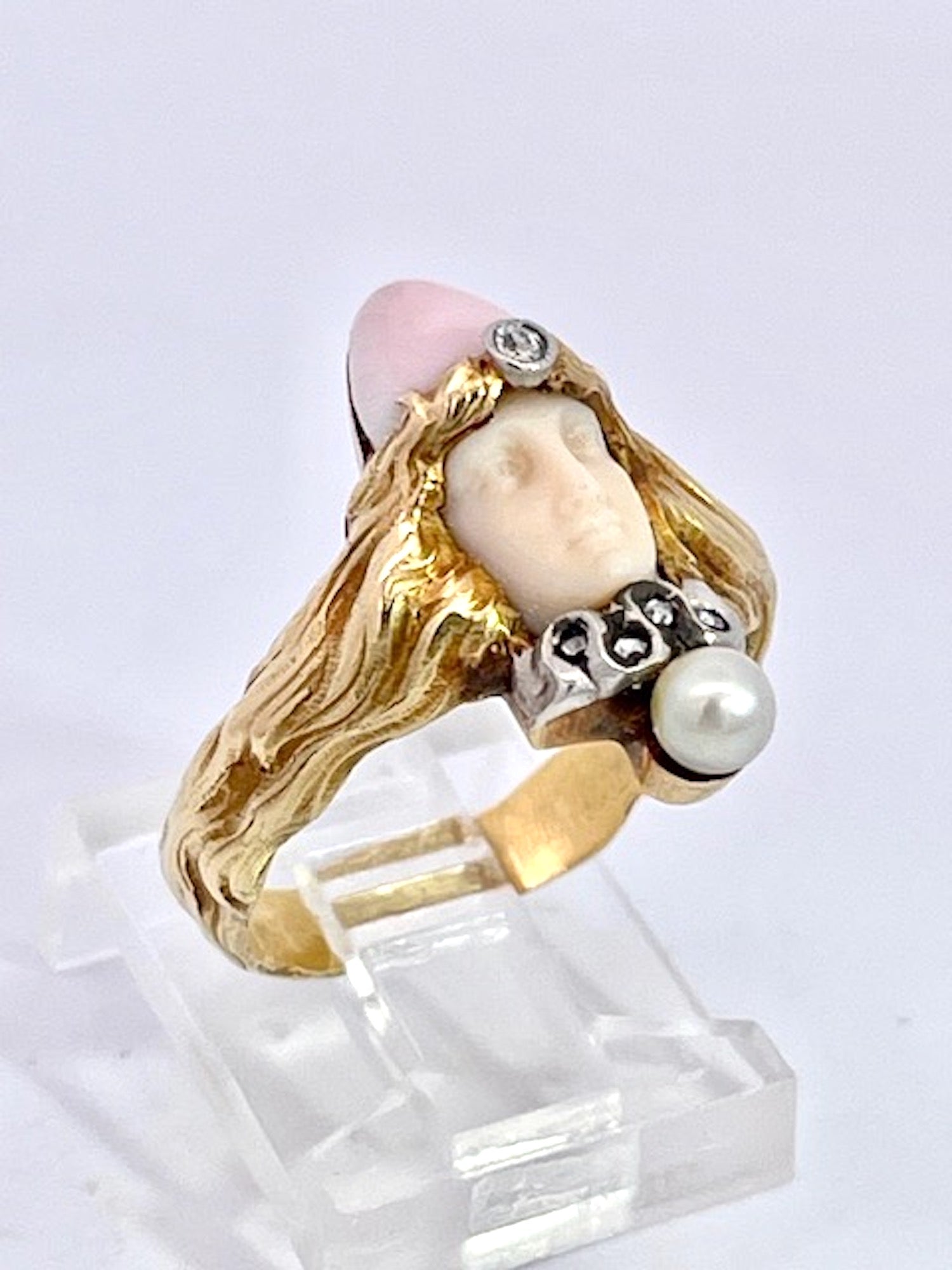 Rare Coral and Diamond Lady Head Ring