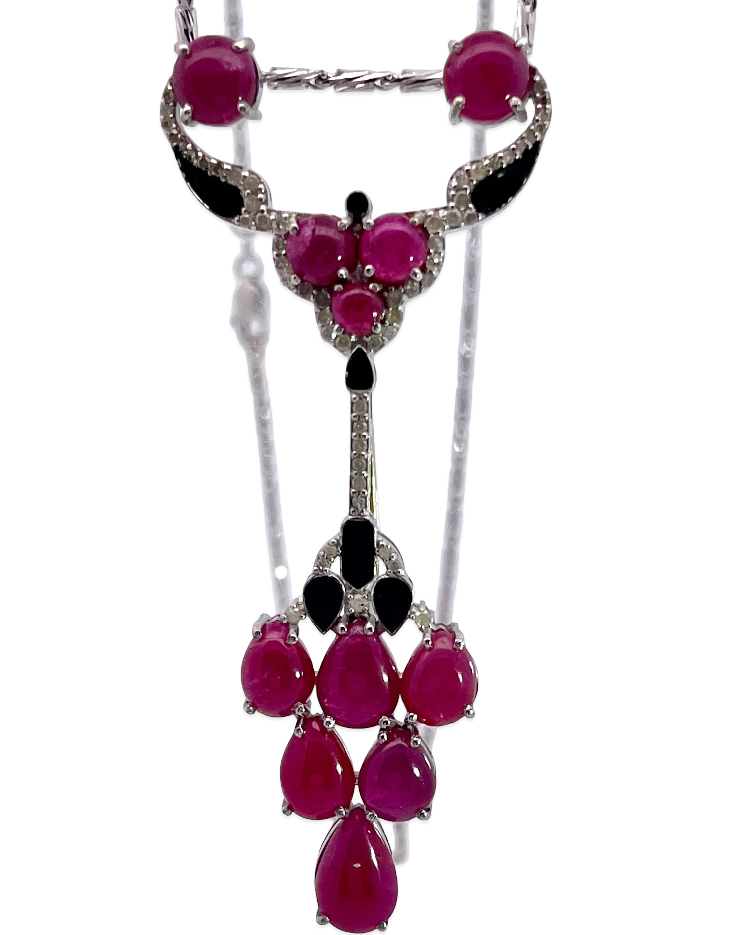 Ruby and Diamond Pendant Brooch with Onyx Accents and 18K Chain