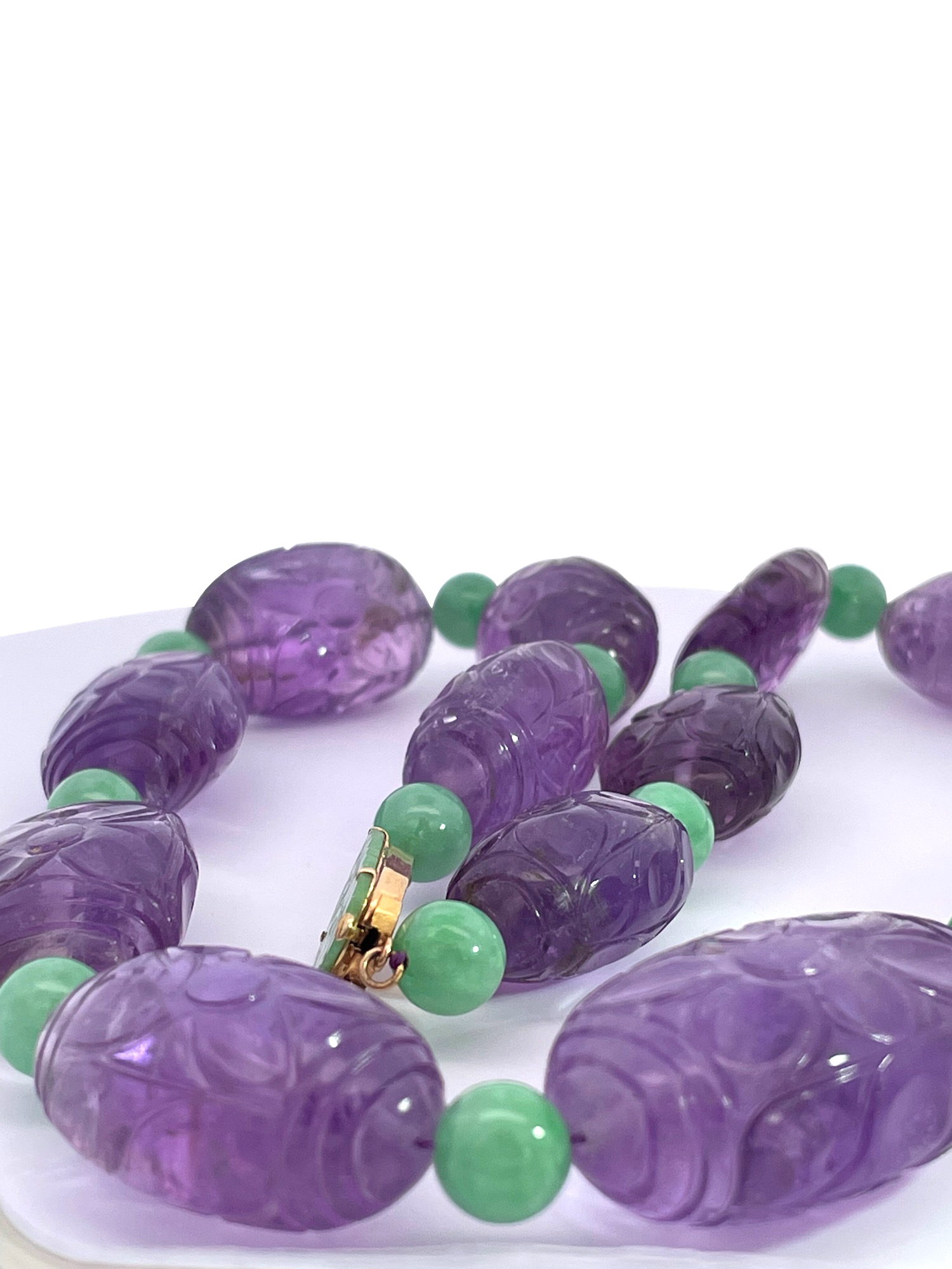 Carved Amethyst and Jade Bead Necklace